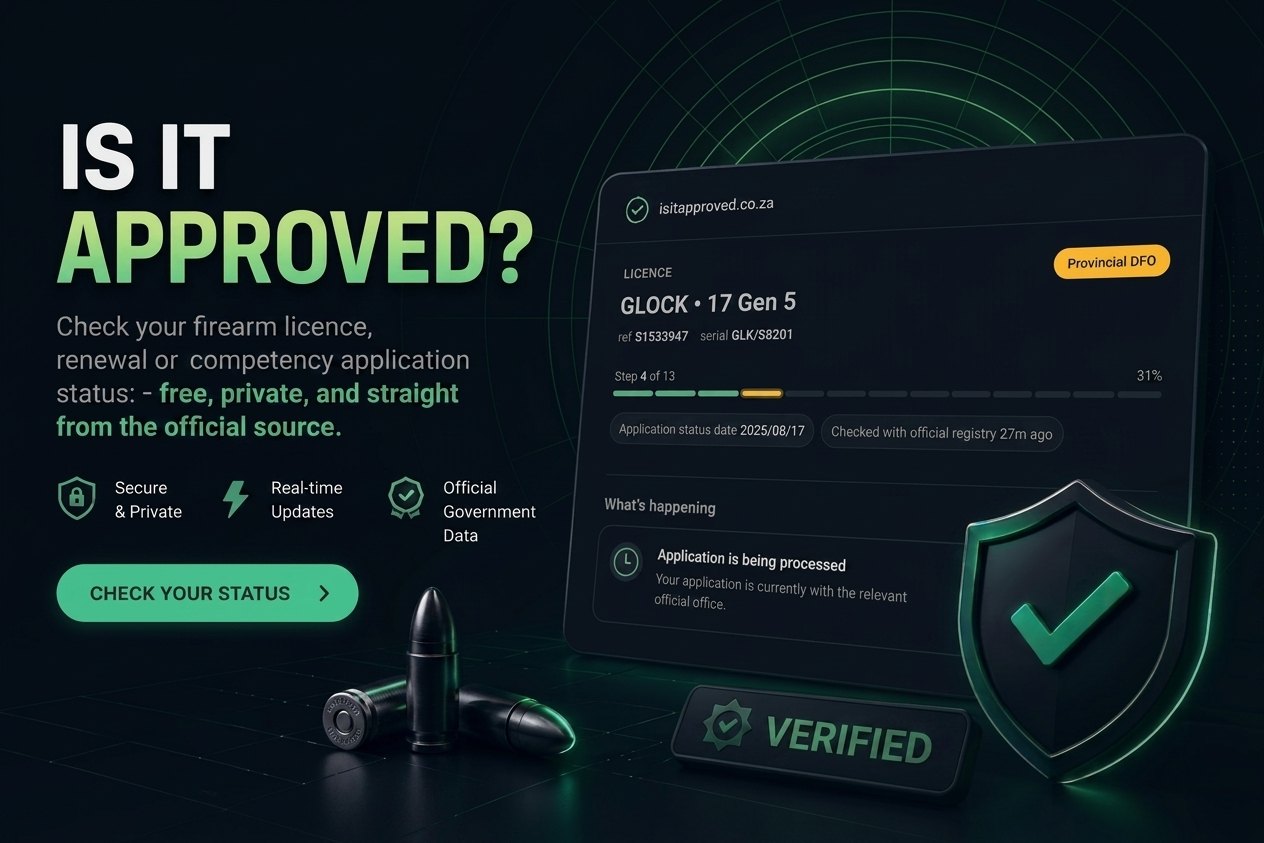 Mock-up of the Is It Approved app: a firearm licence status card tracking a SAPS application through to a verified result, beside a shield-and-checkmark icon representing secure, private status checks.